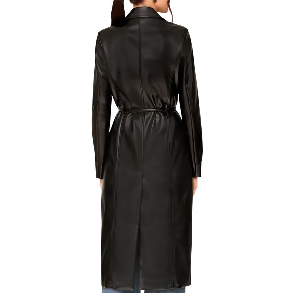Avec Les Filles Black Faux Leather Double-Breasted Belted Trench Coat Size L - Picture 4 of 12